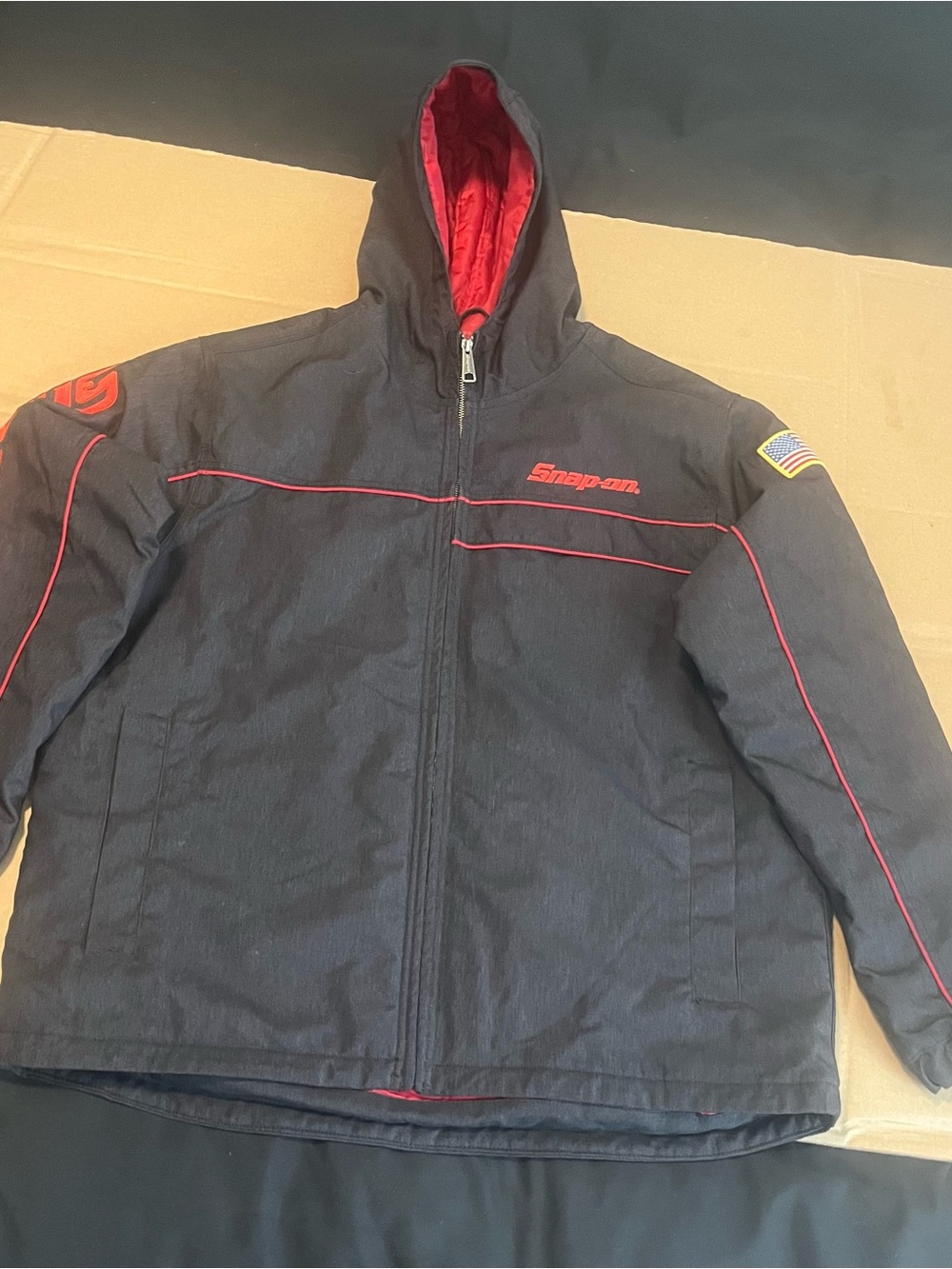 Snap Black Hooded Puffer Jacket with Red Accents